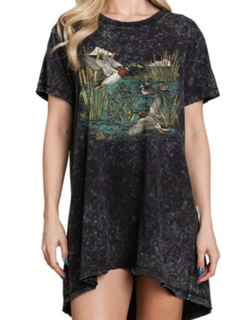 Black Mineral Wash Graphic Tunic Top / Dress With A Duck Print